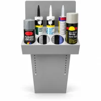 Steel spray can and caulk tube holder for van shelving with 4 aerosol can slots and 3 silicone tube slots